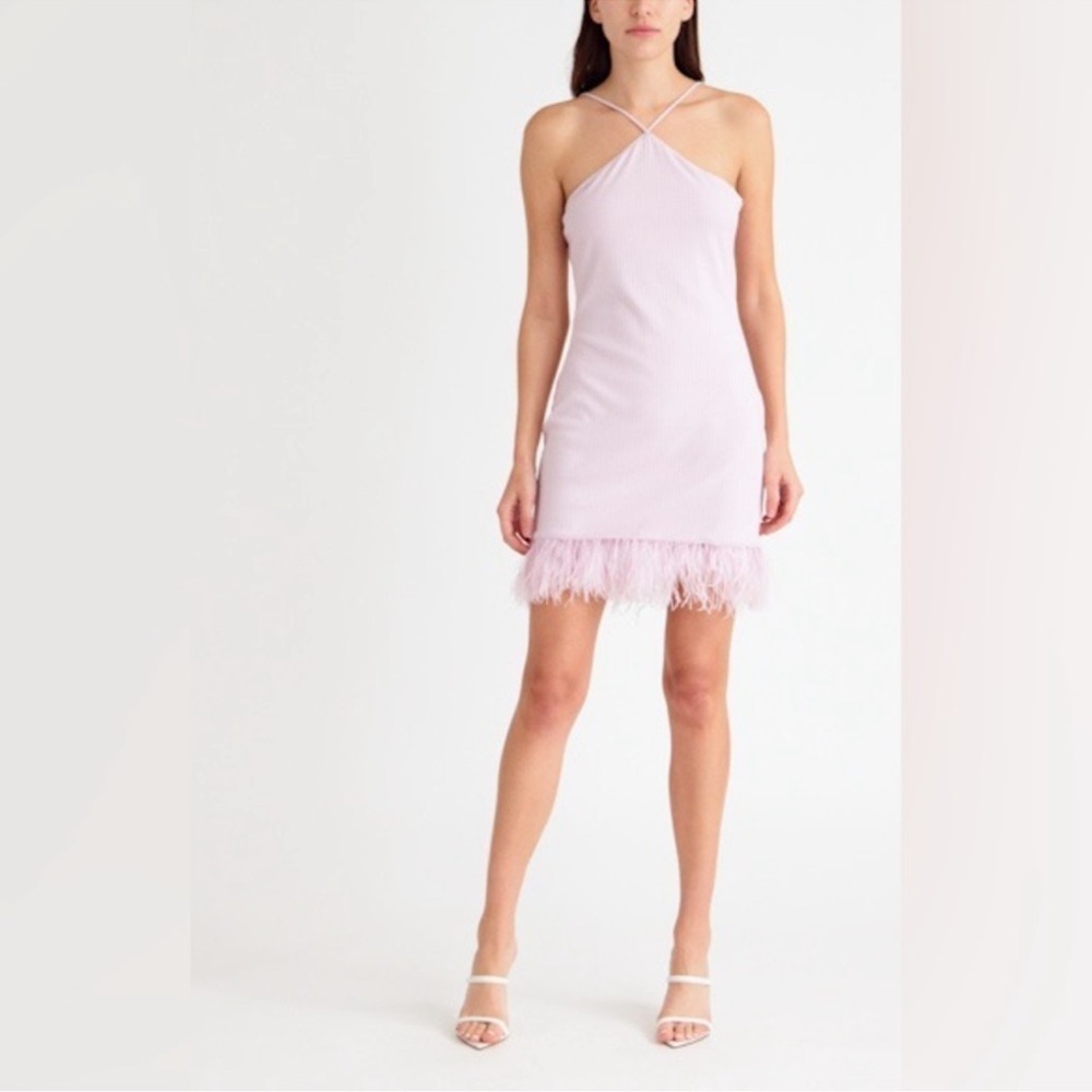 New SAYLOR Ainsley halter Feather Trim Mini Dress size S